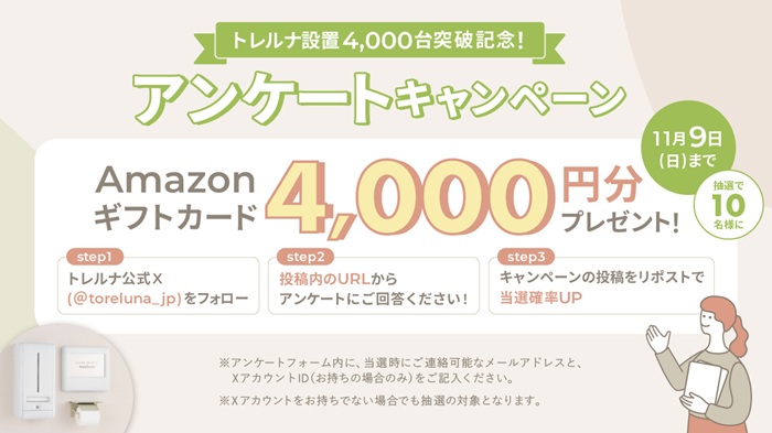 トイレの個室で生理用ナプキンが無料で受け取れる「トレルナ」設置台数4,000台突破！